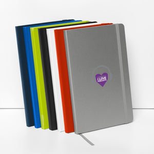 A set of Boss Uncaged: Unleashing Ideas - I Love Podcasting" Hardcover Notebooks from the Boss Uncaged Store featuring a heart design.