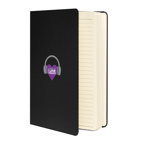 Image of A black "Boss Uncaged: Unleashing Ideas - I Love Podcasting" Hardcover Notebook with a purple logo from the Boss Uncaged Store.