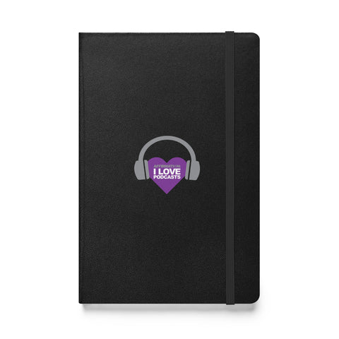 Image of A black notebook featuring a purple heart and headphones, perfect for the Boss Uncaged: Unleashing Ideas - I Love Podcasting" Hardcover Notebook! from the Boss Uncaged Store.