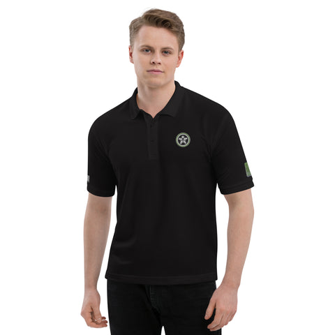 Image of A man wearing a Boss Uncaged Men's Premium Polo from the Boss Uncaged Store with a green logo.