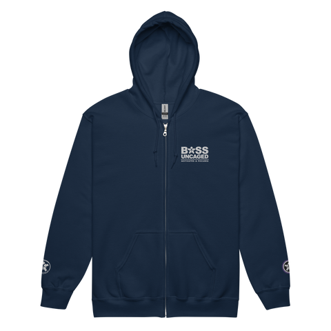 Image of A navy Boss Uncaged Breakthrough Hoodie with the word boss on it.