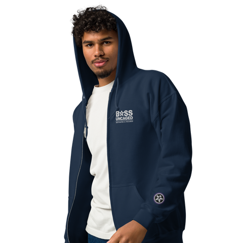 Image of A man wearing a navy Boss Uncaged Breakthrough Hoodie from the Boss Uncaged Store.