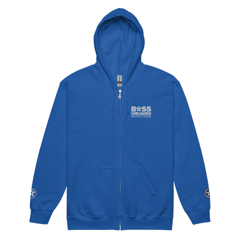 Image of A blue zip up hoodie with the word 'Boss Uncaged Breakthrough Hoodie' embroidered on it from Boss Uncaged Store.