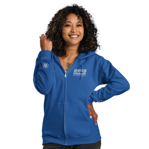 Image of A woman wearing a Boss Uncaged Breakthrough Hoodie from the Boss Uncaged Store, in blue.