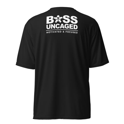 An Affirmation I Love Podcasts - Boss Uncaged Unisex performance crew neck t-shirt from the Boss Uncaged Store that says boss un caged.