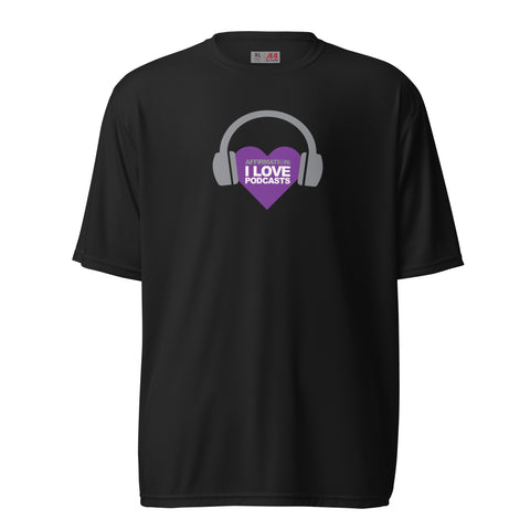 A black Affirmation I Love Podcasts - Boss Uncaged Unisex performance crew neck t-shirt with headphones and a purple heart from the Boss Uncaged Store.