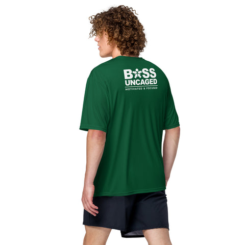 The back of a man wearing an Affirmation I Love Podcasts - Boss Uncaged Unisex performance crew neck t-shirt and shorts from the Boss Uncaged Store.