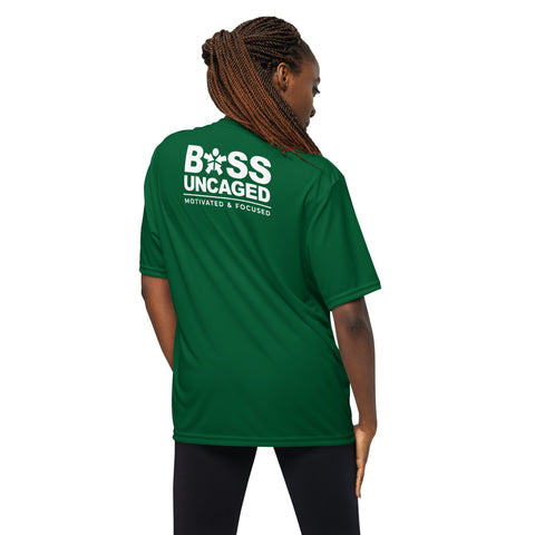 The back of a woman wearing a green t-shirt that says Affirmation I Love Podcasts - Boss Uncaged Unisex performance crew neck t-shirt from the Boss Uncaged Store.