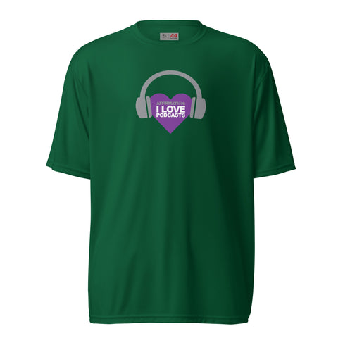 An Affirmation I Love Podcasts - Boss Uncaged Unisex performance crew neck t-shirt with headphones and a purple heart.