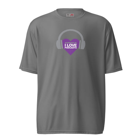 A grey Affirmation I Love Podcasts - Boss Uncaged Unisex performance crew neck t-shirt with headphones and a purple heart.
