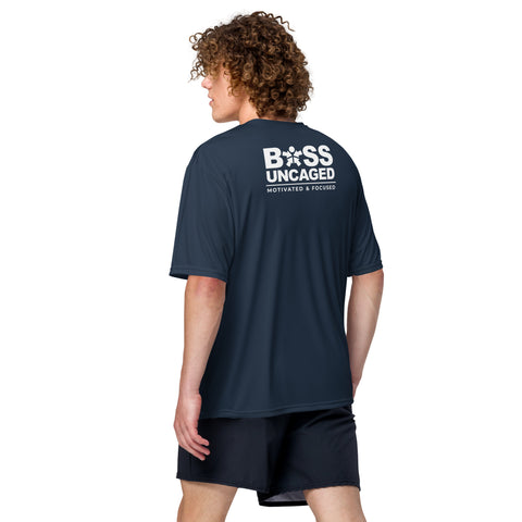 The back of a man wearing Affirmation I Love Podcasts - Boss Uncaged Unisex performance crew neck t-shirt from the Boss Uncaged Store.