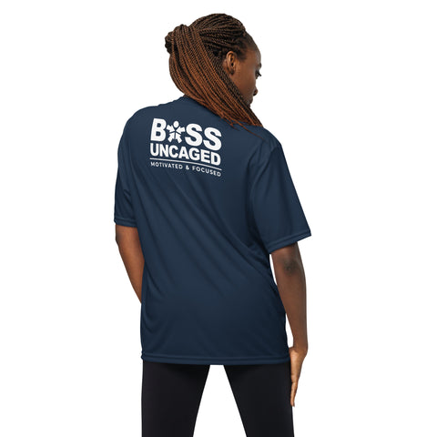 The back of a woman wearing an Affirmation I Love Podcasts - Boss Uncaged Unisex performance crew neck t-shirt from the Boss Uncaged Store.