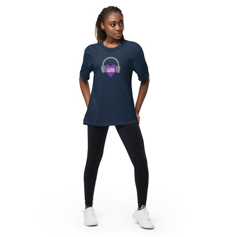 A woman wearing an Affirmation I Love Podcasts - Boss Uncaged Unisex performance crew neck t-shirt from the Boss Uncaged Store and black leggings.