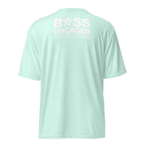 The Affirmation I Love Podcasts - Boss Uncaged Unisex performance crew neck t-shirt in mint green from the Boss Uncaged Store.