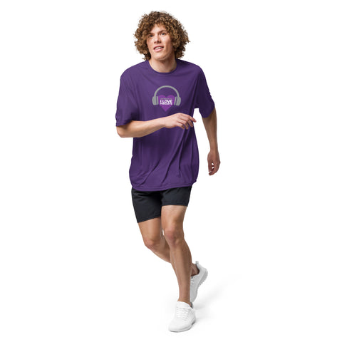 A man is running in an Affirmation I Love Podcasts - Boss Uncaged Unisex performance crew neck t-shirt and shorts from the Boss Uncaged Store.