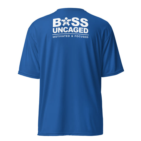 A blue Affirmation I Love Podcasts - Boss Uncaged Unisex performance crew neck t-shirt from the Boss Uncaged Store that says boss uncaged.