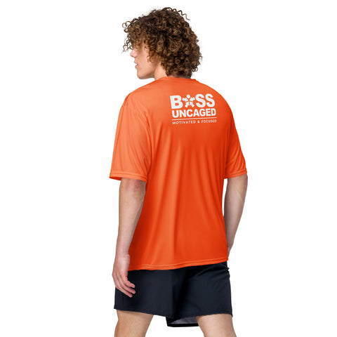 The back of a man wearing an Affirmation I Love Podcasts - Boss Uncaged Unisex performance crew neck t-shirt and shorts from Boss Uncaged Store.