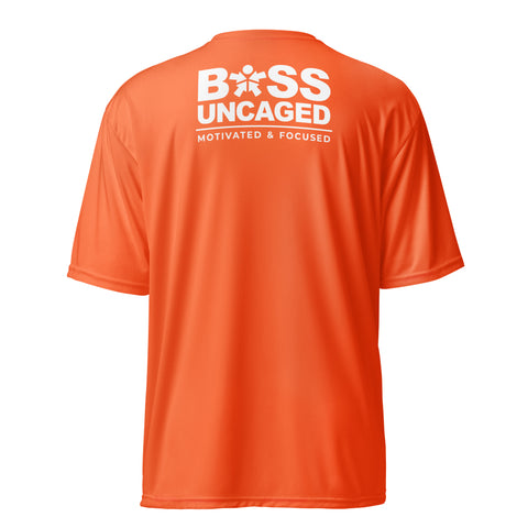 An Affirmation I Love Podcasts - Boss Uncaged Unisex performance crew neck t-shirt from Boss Uncaged Store that says "boss uncaged".