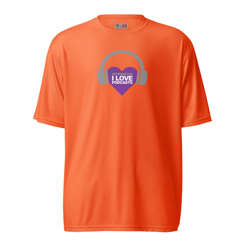 An Affirmation I Love Podcasts - Boss Uncaged Unisex performance crew neck t-shirt with a purple heart and headphones.