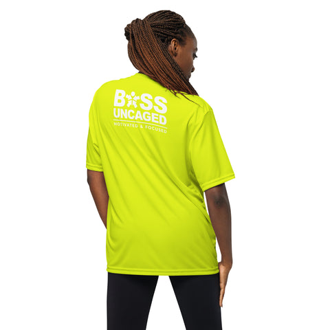 The back view of a woman wearing an Affirmation I Love Podcasts - Boss Uncaged Unisex performance crew neck t-shirt from the Boss Uncaged Store.