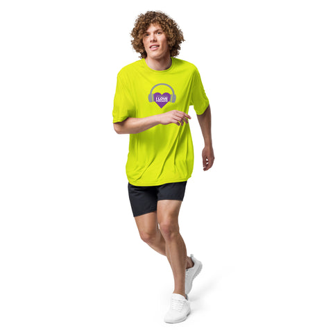 A man is running in a Boss Uncaged Store Affirmation I Love Podcasts - Boss Uncaged Unisex performance crew neck t-shirt and shorts.