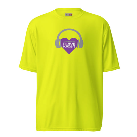 A yellow Affirmation I Love Podcasts - Boss Uncaged Unisex performance crew neck t-shirt with a purple heart and headphones from the Boss Uncaged Store.