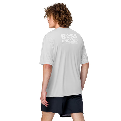 The back of a man wearing an Affirmation I Love Podcasts - Boss Uncaged Unisex performance crew neck t-shirt and shorts from the Boss Uncaged Store.