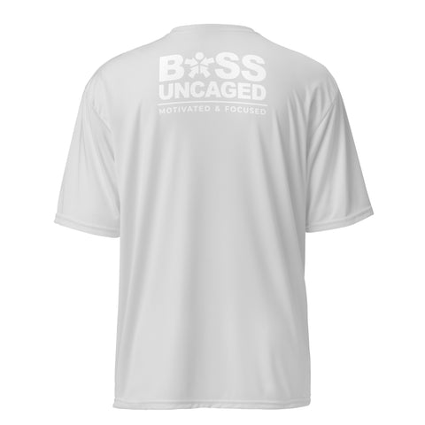 An Affirmation I Love Podcasts - Boss Uncaged Unisex performance crew neck t-shirt from the Boss Uncaged Store that says boss uncaged.