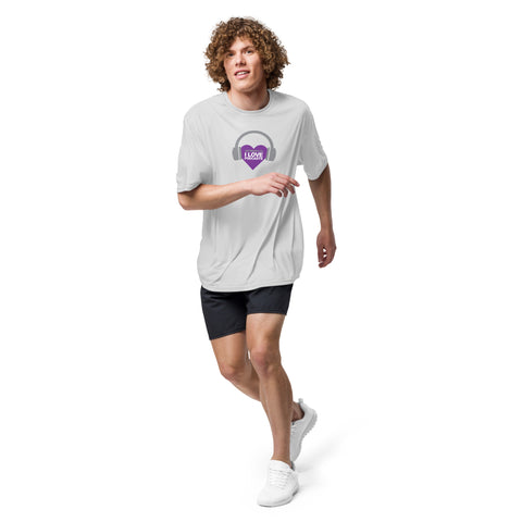 A man is running in an Affirmation I Love Podcasts - Boss Uncaged Unisex performance crew neck t-shirt and shorts by Boss Uncaged Store.