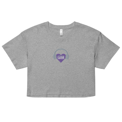 A trendy Affirmation I Love Podcasts - Women’s crop top from Boss Uncaged Store with a purple heart on it.