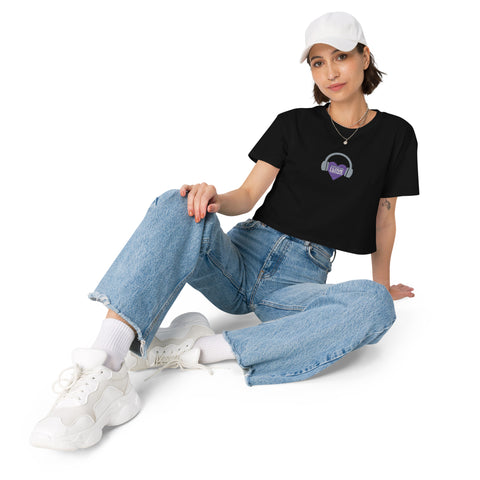 A Boss Uncaged Store podcast discussing women's Affirmation I Love Podcasts - Women’s crop top fashion, featuring a woman wearing a black cropped t-shirt and jeans.