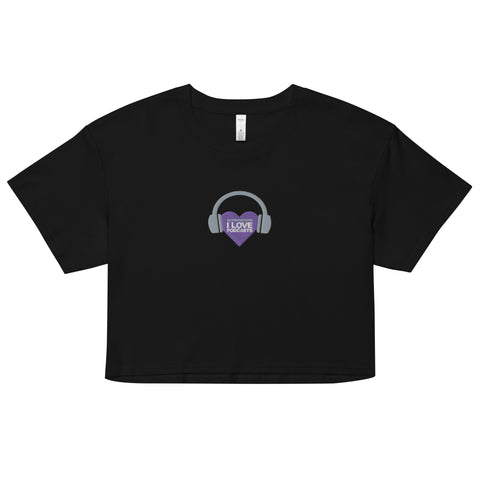 A women's black cropped t-shirt with a purple heart on it would become "An Affirmation I Love Podcasts - Women’s crop top from Boss Uncaged Store.