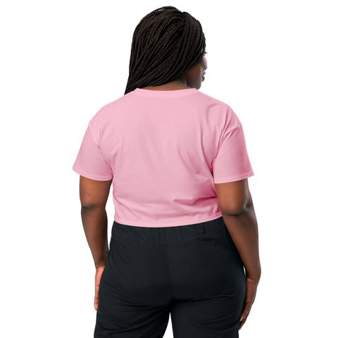 The back view of a woman wearing an Affirmation I Love Podcasts - Women's crop top from Boss Uncaged Store.