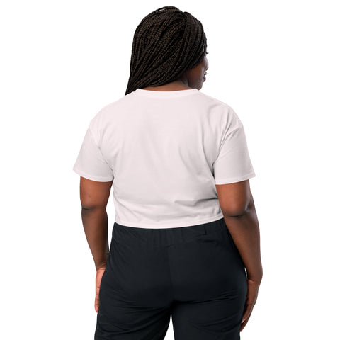 The trendy back view of a woman wearing an Affirmation I Love Podcasts - Women's crop top from Boss Uncaged Store.