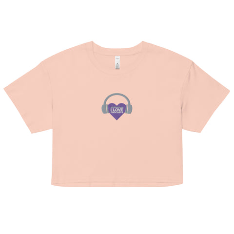 An Affirmation I Love Podcasts - Women’s crop top by Boss Uncaged Store, featuring a purple heart and headphones, perfect for fans of music podcasts.
