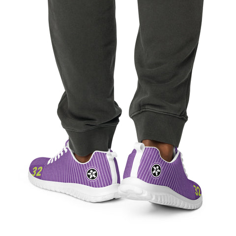 A man wearing purple sweatpants and Boss Uncaged Workflow Athletic Shoes (Purple).