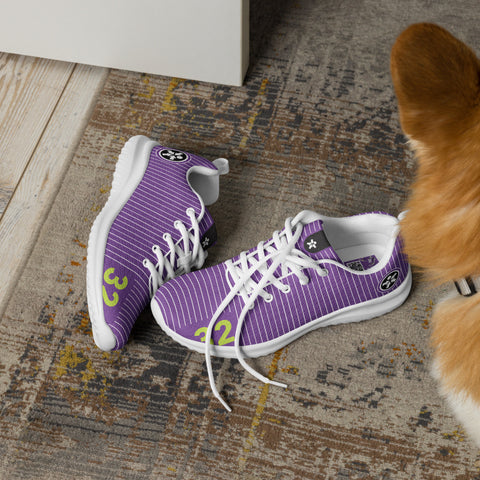 A dog is standing next to a pair of Boss Uncaged Workflow Athletic Shoes (Purple) from the Boss Uncaged Store.