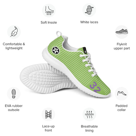 Image of A green and white Boss Uncaged Workflow Athletic Shoes with a description of the features.