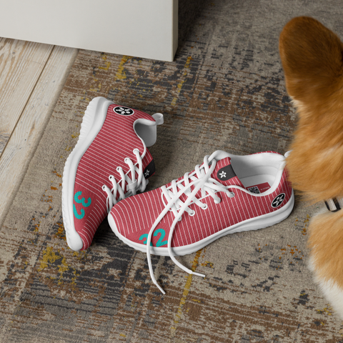 Image of A dog is standing next to a pair of Boss Uncaged Workflow Athletic Shoes (Red) from the Boss Uncaged Store.