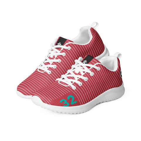 Image of A women's Boss Uncaged Workflow Athletic Shoes (Red) from the Boss Uncaged Store, red and teal striped running shoe.