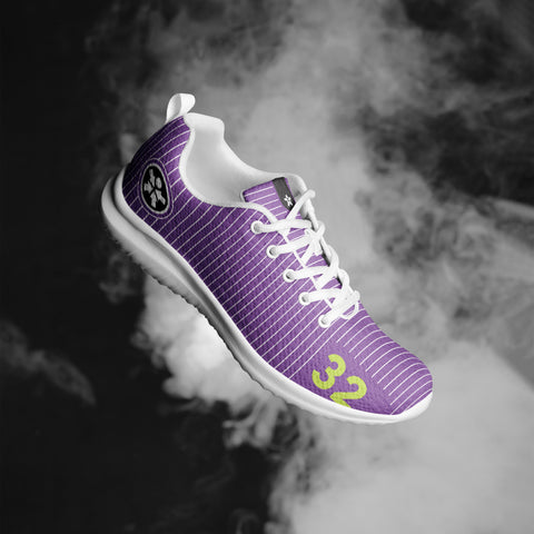 A purple and yellow Boss Uncaged Workflow Athletic Shoe with smoke coming out of it.
