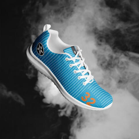 Image of A blue and orange Boss Uncaged Workflow Athletic Shoe with smoke coming out of it.