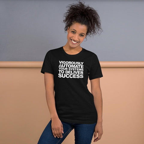 Image of A person stands smiling, wearing a black t-shirt from Buteke with the text "VIGOROUSLY AUTOMATE YOUR SYSTEMS TO DELIVER SUCCESS" printed in white. The message perfectly captures the essence of automation and how a well-oiled system can be as reliable as an email trigger.