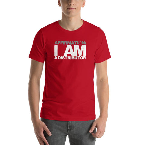 Image of A man wearing a red t-shirt that says "AFFIRMATION: I AM A DISTRIBUTOR" from Boss Uncaged Store.