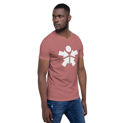 Image of A man wearing a pink "Boss Uncaged" t-shirt with a white symbol on it from Boss Uncaged Store.