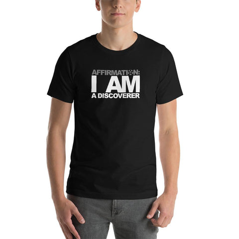 Image of A man wearing a black t-shirt that says "AFFIRMATION: I AM A DISCOVER" from Boss Uncaged Store.