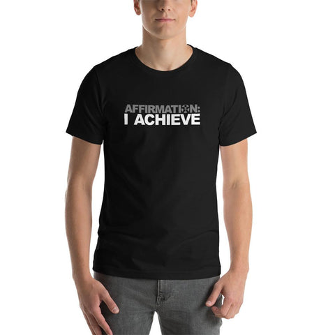Image of A man wearing a black t-shirt that says AFFIRMATION: “I ACHIEVE” from Boss Uncaged Store.