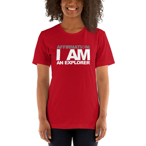 Image of A woman wearing a red t-shirt that says AFFIRMATION: “I AM AN EXPLORER" from Boss Uncaged Store.