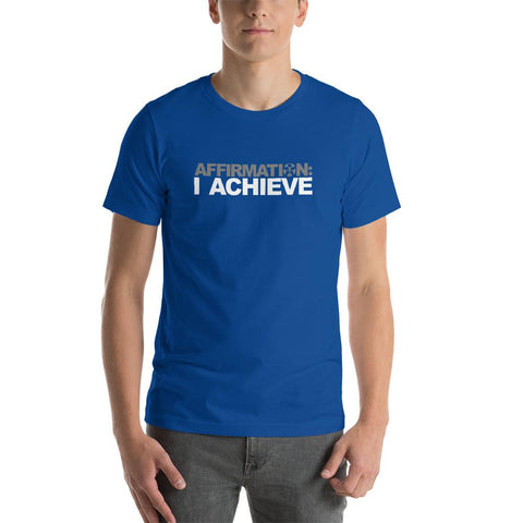Image of A man wearing a blue t-shirt that says "AFFIRMATION: 'I ACHIEVE'" from Boss Uncaged Store.