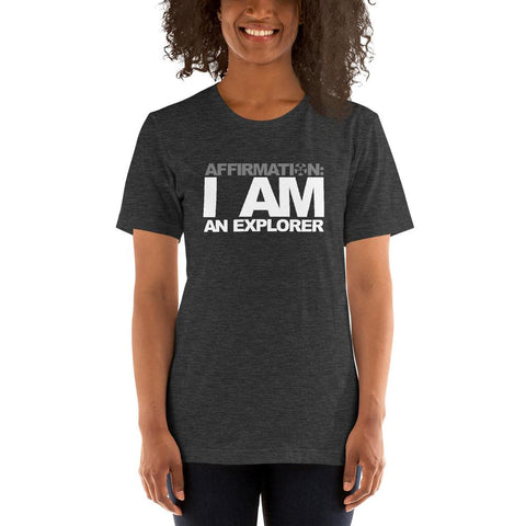 Image of A woman wearing a black t - shirt from Boss Uncaged Store that says "AFFIRMATION: I AM AN EXPLORER".